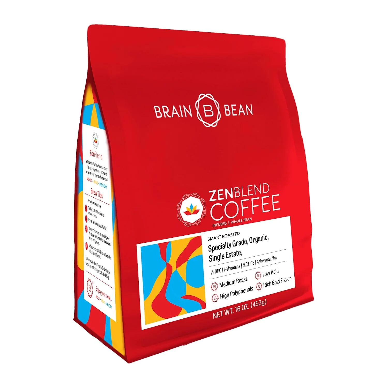 Original Design Brain Bean Zen-Blend Organic Coffee Whole Bean with Caprylic Acid MCT C-8 A-GPC L-Theanine amp Ashwagandha Extract – Premium Grade Organic Coffee Beans for Focus amp Calm Support 16 Oz Comfortable