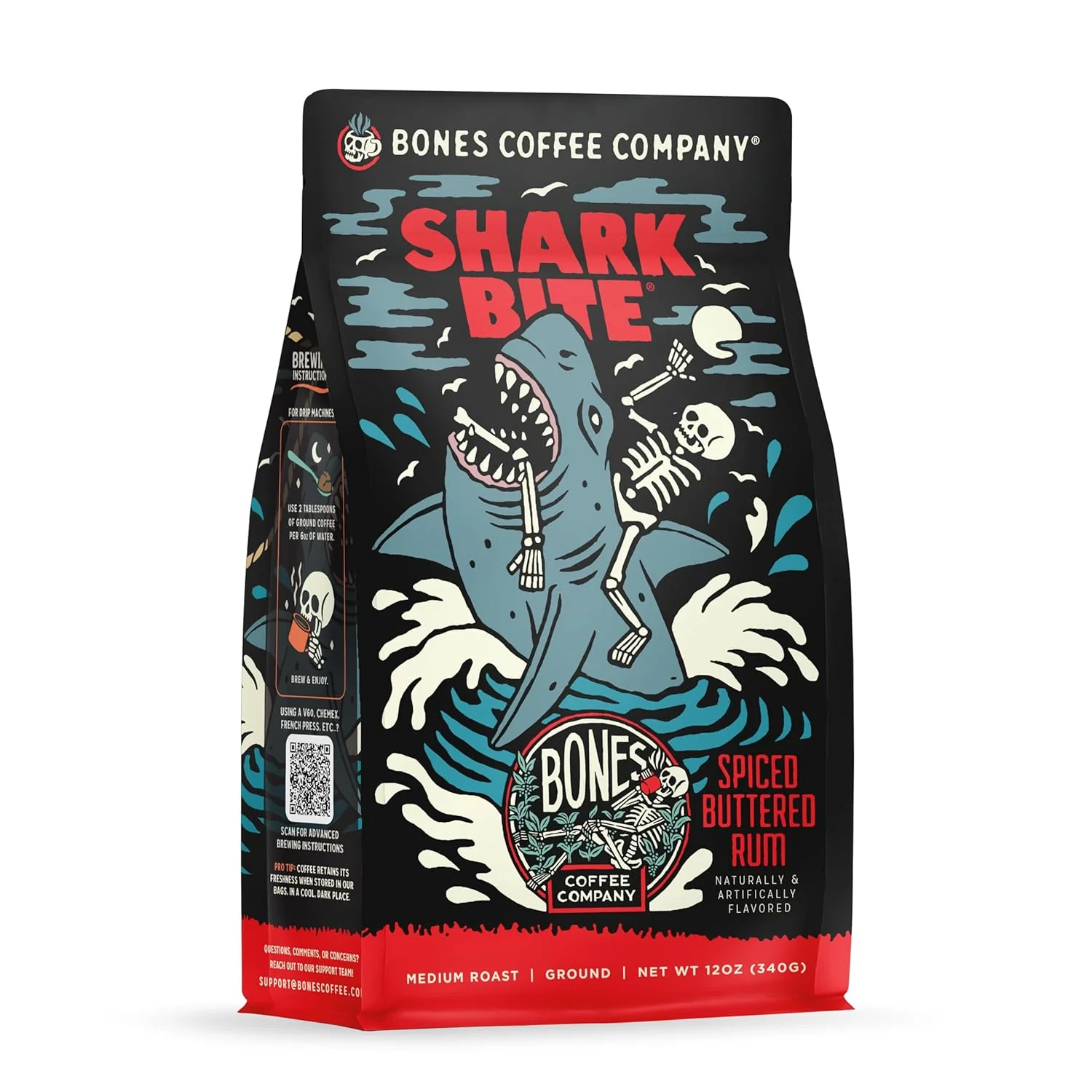 Selected Bones Coffee Company Shark Bite Buttered Rum Flavored Coffee Medium Roast Low Acid Arabica Beans Compatible with Auto drip and French Press Coffee Maker 12 Oz Ground Practical