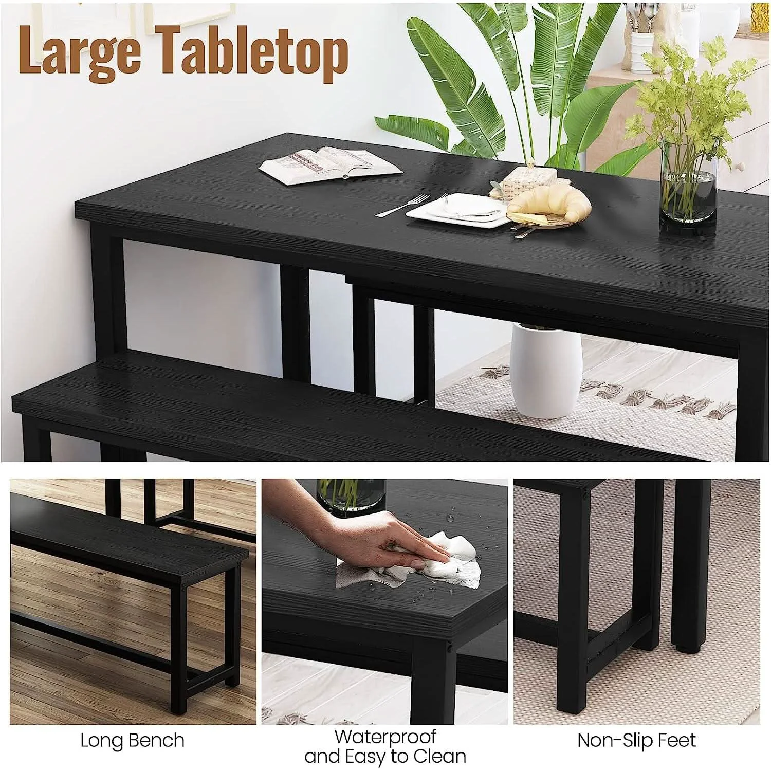 Fine Rectangular Dining Table And Chairs Set Four Modern Wood Top-Quality