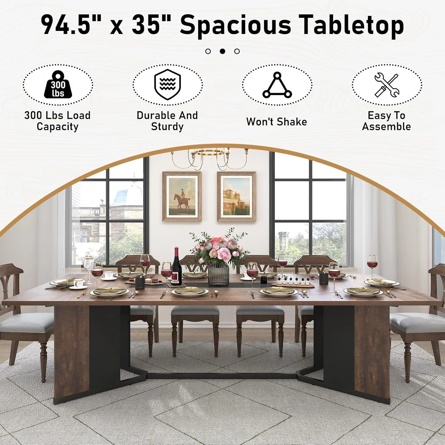 Convenient Brown 94 Inch Solid Wood Dining Table Stain Resistant Green