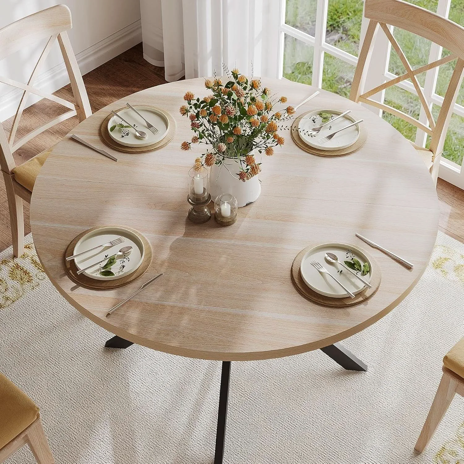 World-Class Round 47 Inch Circular Dining Table Natural Oak Finish Innovative