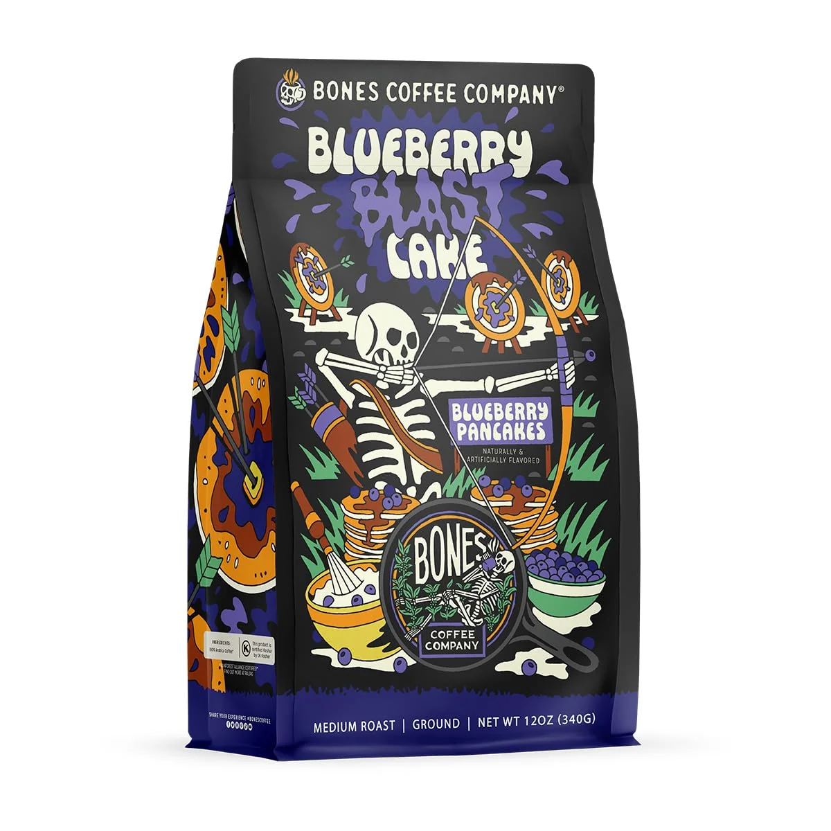 Authentic Bones Coffee Company Blueberry Blast Cake Blueberry Pancakes Flavored Coffee Medium Roast Low Acid Arabica Beans Compatible with Auto drip and French Press Coffee Maker 12 Oz Ground Original Design