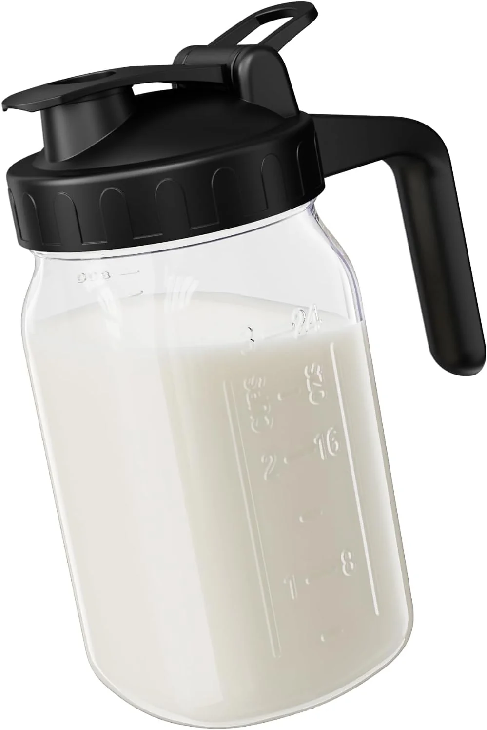 Smooth Breast Milk Pitcher Jug – 32 oz Glass Mason Jar Airtight Pitcher with Pour Spout Handle for Breastmilk Iced Tea Ice Drinks Storage Container（Black） Long-Lasting