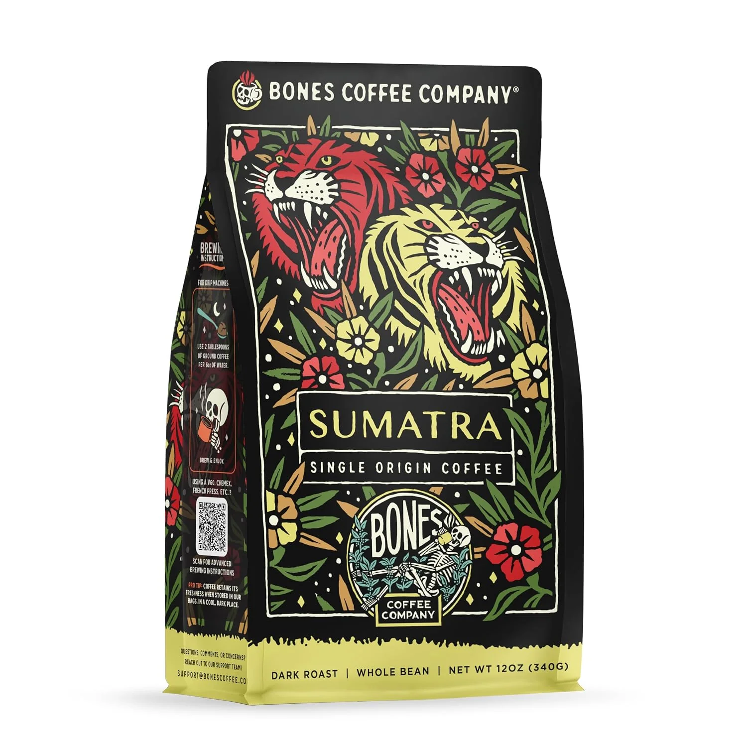 Carefully Designed Bones Coffee Company Sumatra Single-Origin Dark Chocolate Smoky Earthy Notes Whole Coffee Beans Low Acid Darl Roast Arabica Beans Flavored Coffee 12 oz Whole Bean Fashionable
