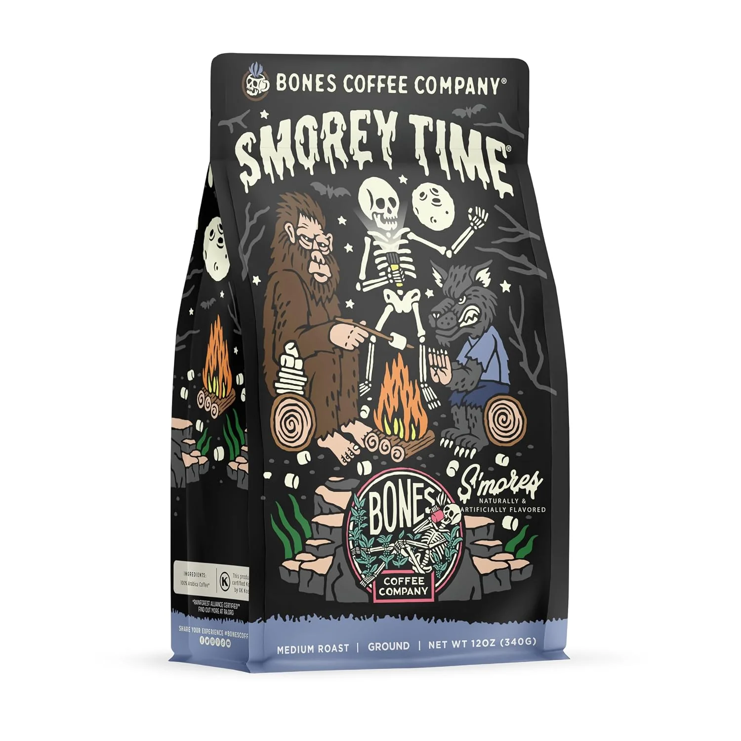 Stylish Bones Coffee Company S’morey Time Flavored Coffee – Medium Roast – Ground or Whole Bean – Low-Acid Arabica Coffee Beans – Balanced S’mores and Graham Cracker Flavor – 12 Oz Soft