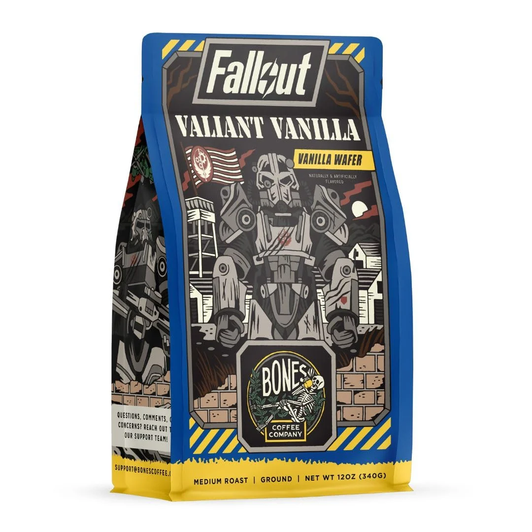 Fine Crafted Bones Coffee Company Fallout Valiant Vanilla Vanilla Wafer Flavored Coffee Medium Roast Low Acid Arabica Beans Compatible with Auto drip and French Press Coffee Maker 12 Oz Ground Versatile