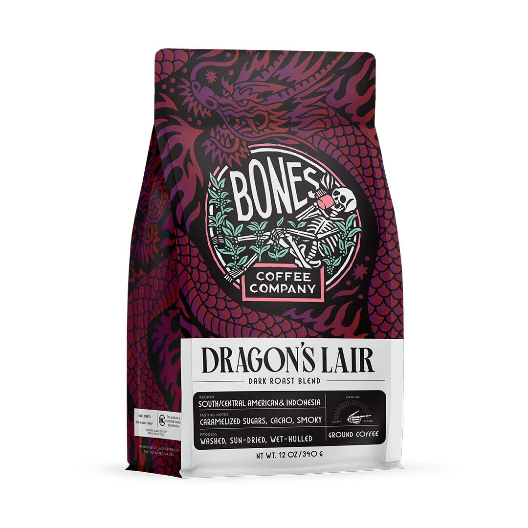 Recyclable Bones Coffee Company Dragon’s Lair – Dark Roast Coffee – Ground – Low-Acid Arabica Coffee Beans – South Central America and Indonesia Grown – Unflavored – 12 Oz User-Friendly