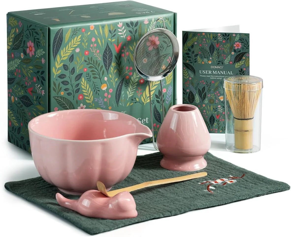 Minimalist Pink Matcha Kit 7 Pcs Matcha Whisk Set Includes Matcha Bowl with Spout Bamboo Whisk Chasen Holder Sifter Scoop and Rest Tea Towel First-Class
