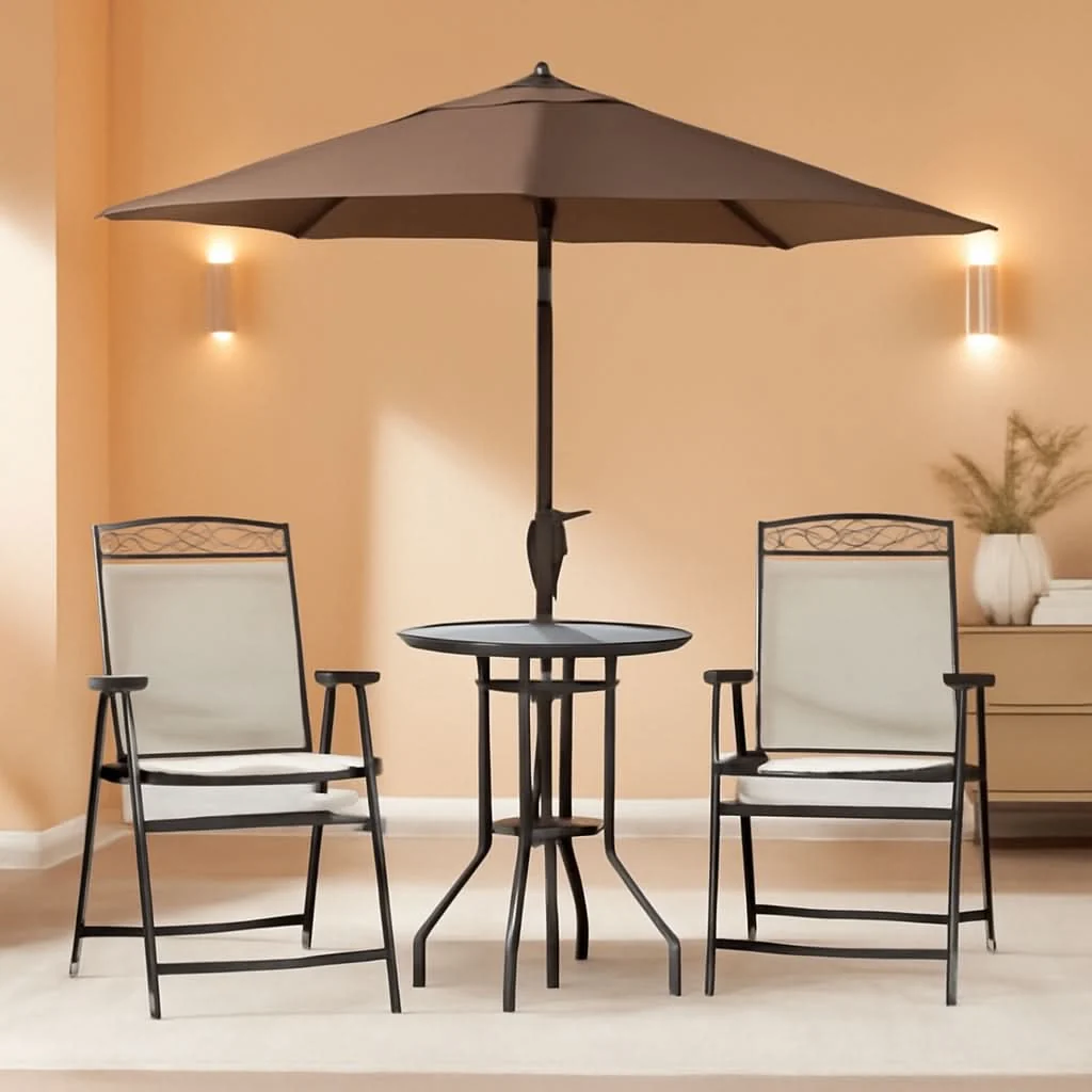 Original Patio Dining Set With 2 Folding Chairs Beige Umbrella World-Class