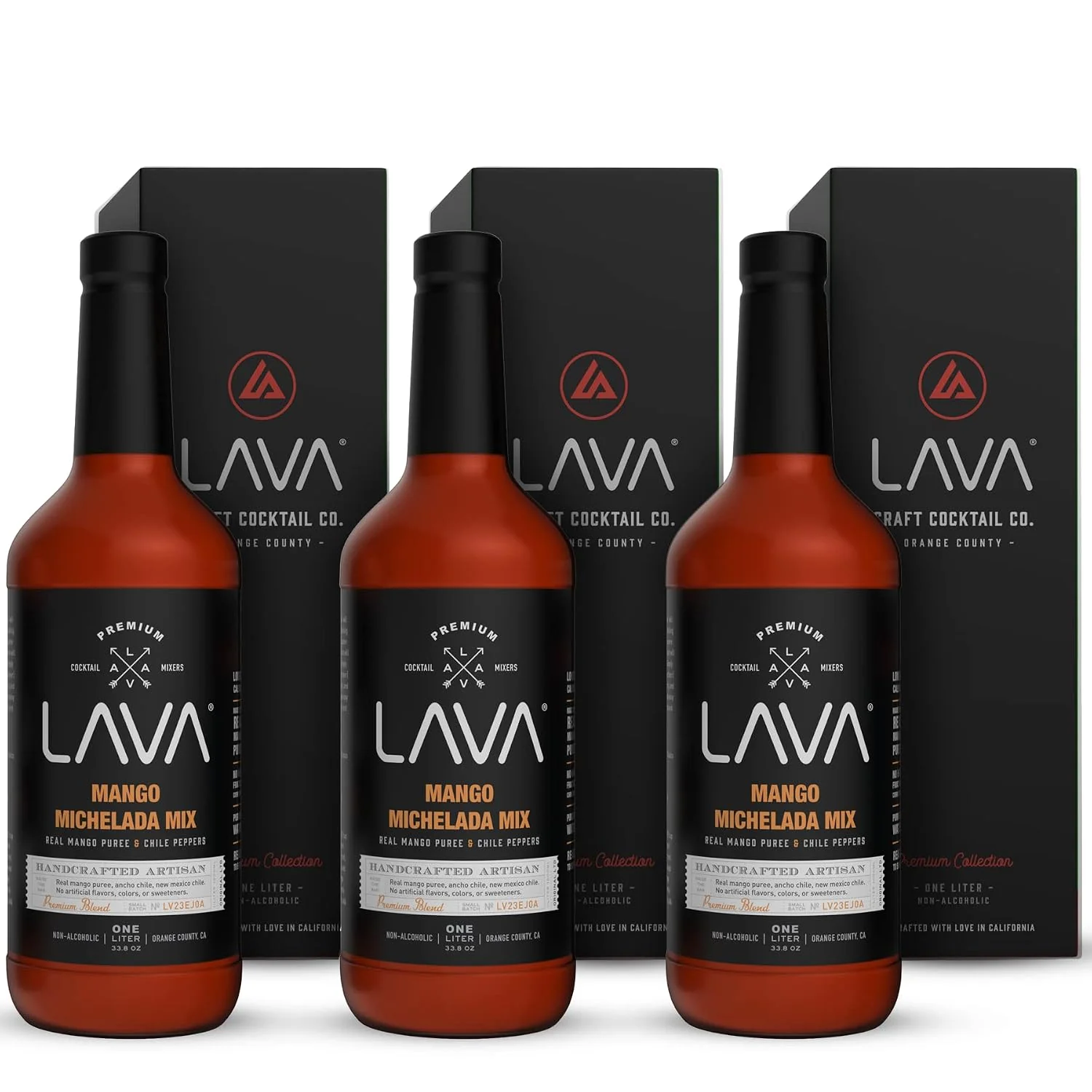 Certified 3-Pack LAVA Premium Mango Michelada Mix Made With Mango Puree Ancho Chile Peppers New Mexico Chile Tamarind Vegan 1-Liter 33.8oz Glass Bottle Ready to Use Reusable