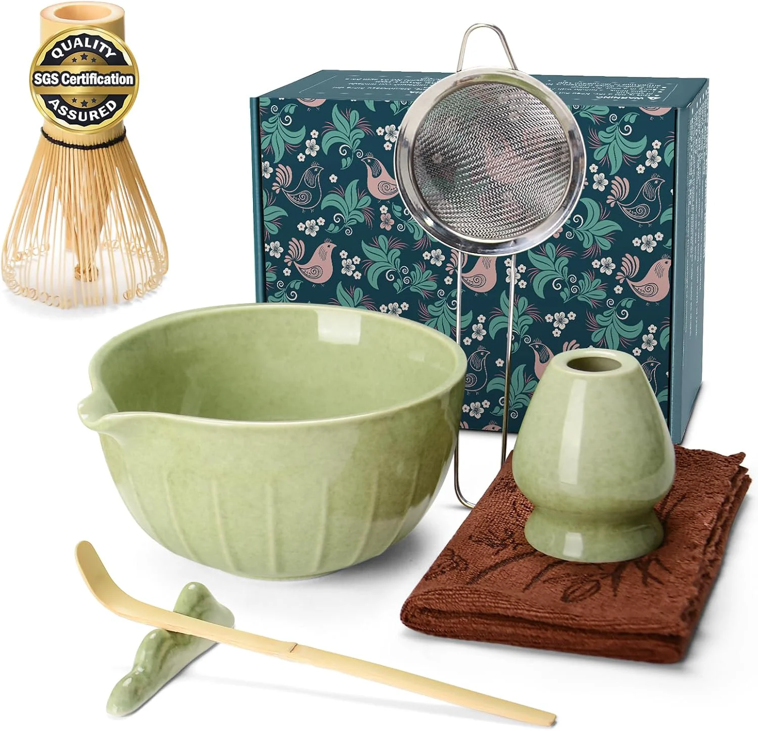 Top-Quality Matcha Whisk Set Ceramic Bowl Kit with Spout Bamboo Chasen and Holder Scoop Rest Sifter Tea Towel Ceremonial Cute Matcha Tea Making Tool Gift for Latte Lovers Beginners 7pcs Versatile