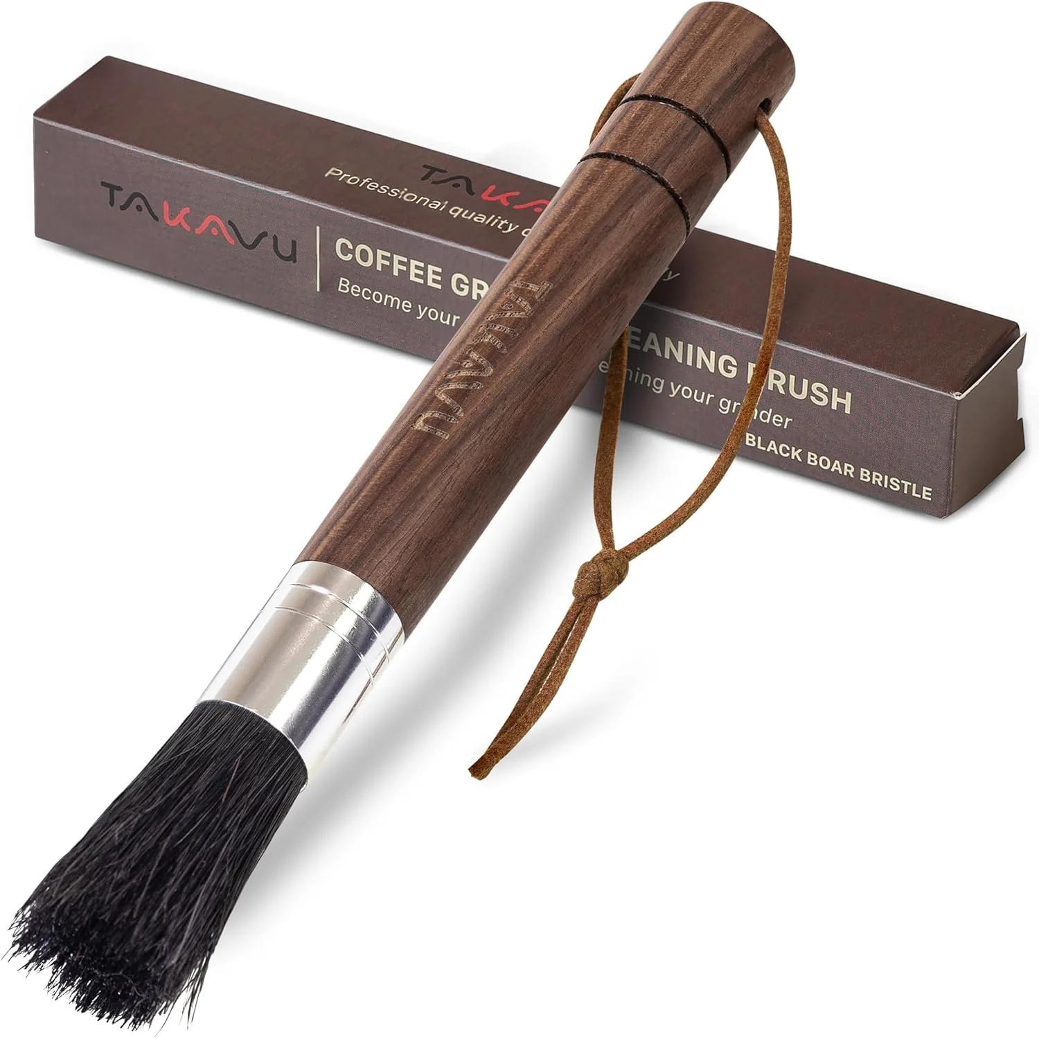 Natural Takavu Coffee Grinder Cleaning Brush Barista Brush with Black Boar Bristle Espresso Machine Cleaner Tool Soft