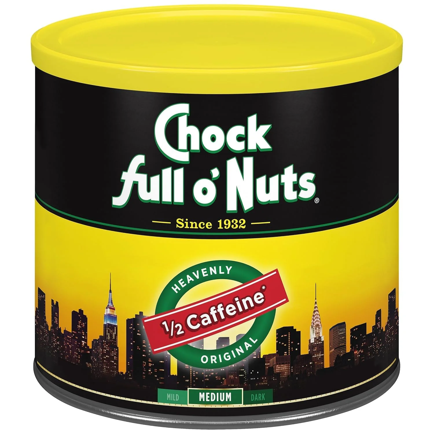 Elite Chock Full o’ Nuts Heavenly Half Caffeine Ground Coffee – Premium Beans in Recyclable Steel Can – Rich Flavor amp Aroma Medium Roast – for Drip Pour-Over Percolator – 24 Oz Can Reliable