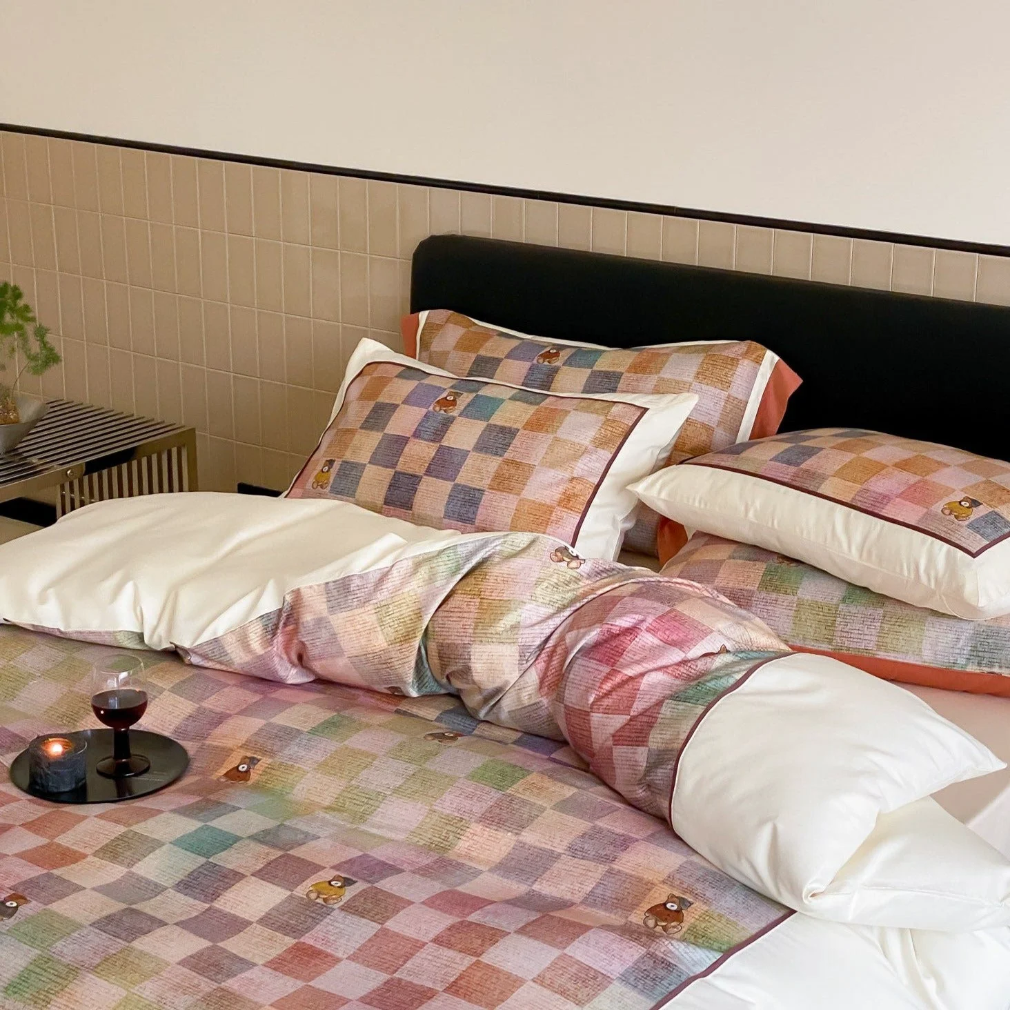 Sophisticated Teddy Rainbow Checker Bedding Set Classic