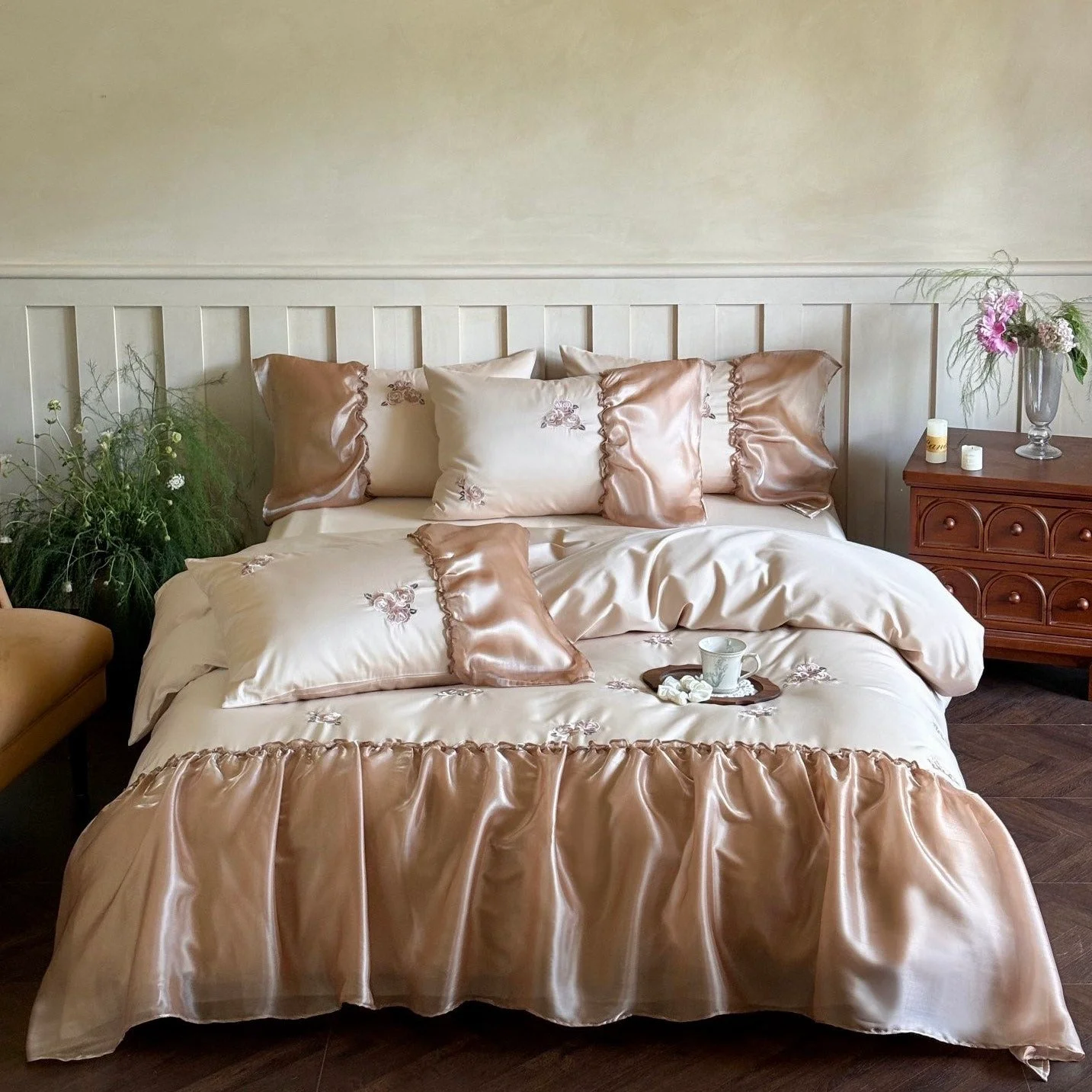 Certified Silky Rose Ruffle Bedding Set Traditional