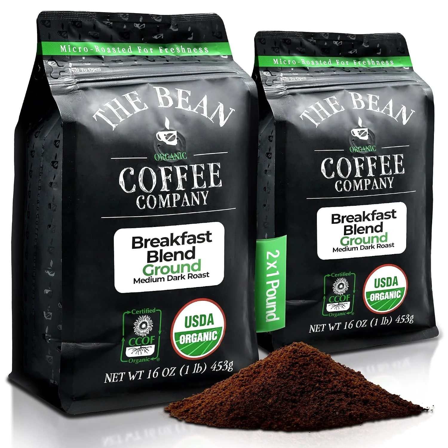 Artisan The Bean Organic Coffee Co. Breakfast Blend Medium-Dark Ground 2 x 1 lb Smooth round-bodied breakfast blend. Organic ground coffee. Medium-Dark Roast. 2 x 1 lb.