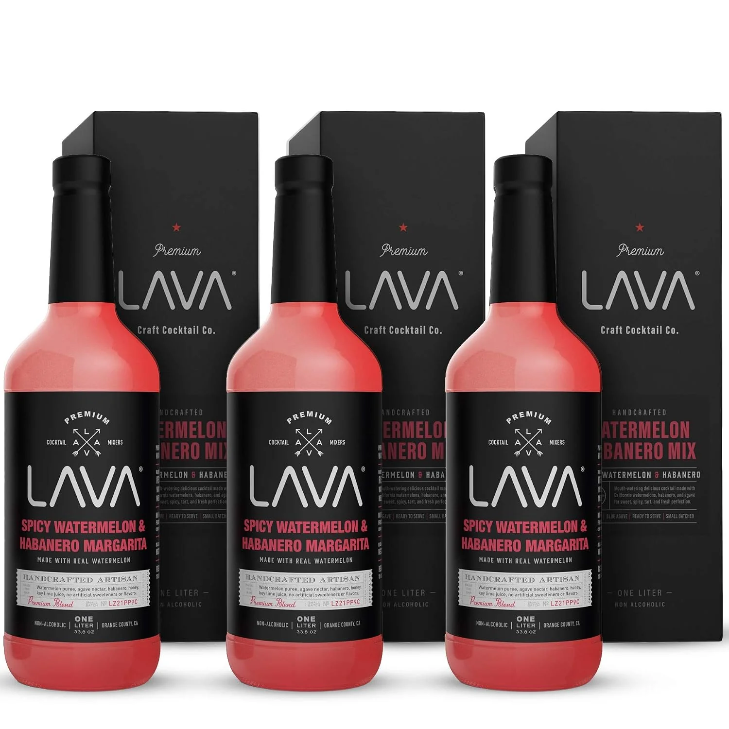 Superior 3 Pack LAVA Premium Spicy Watermelon Habanero Margarita Mix Cold-Pressed Organic Watermelon Agave Habanero No Artificial Sweeteners Lots of Flavor Ready to Use 1-Liter 33.8oz Glass Fast