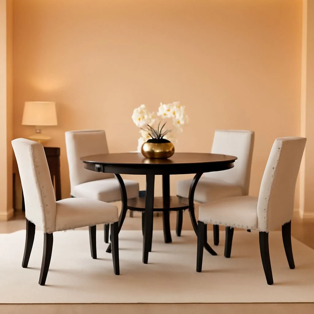 Top-Quality Tan Fabric Nailhead Dining Set 5 Piece Round Table Original Design