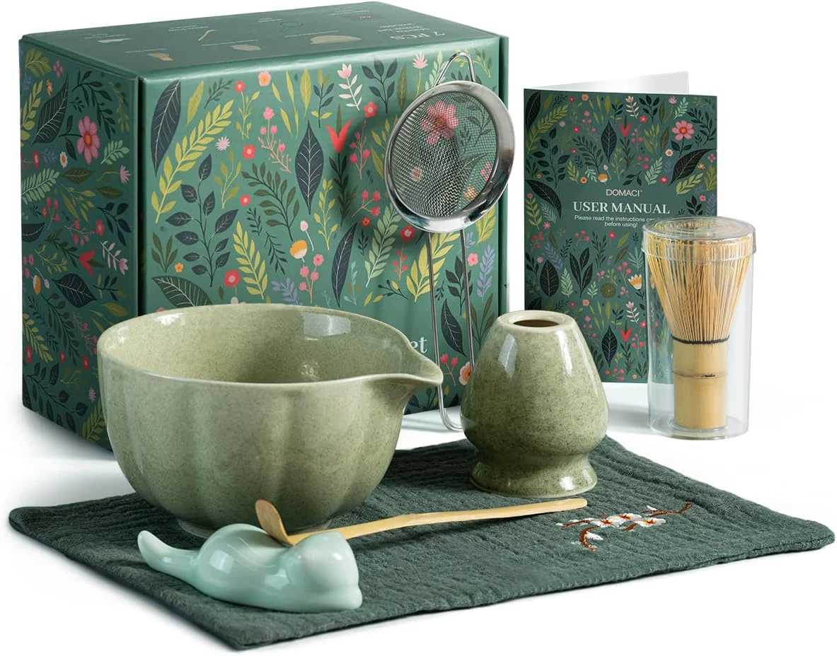 Elite Matcha Kit 7 Pcs Japanese Matcha Whisk Set Includes Matcha Bowl with Spout Bamboo Whisk Chasen Holder Stainless Sifter Scoop and Rest Tea Towel Natural