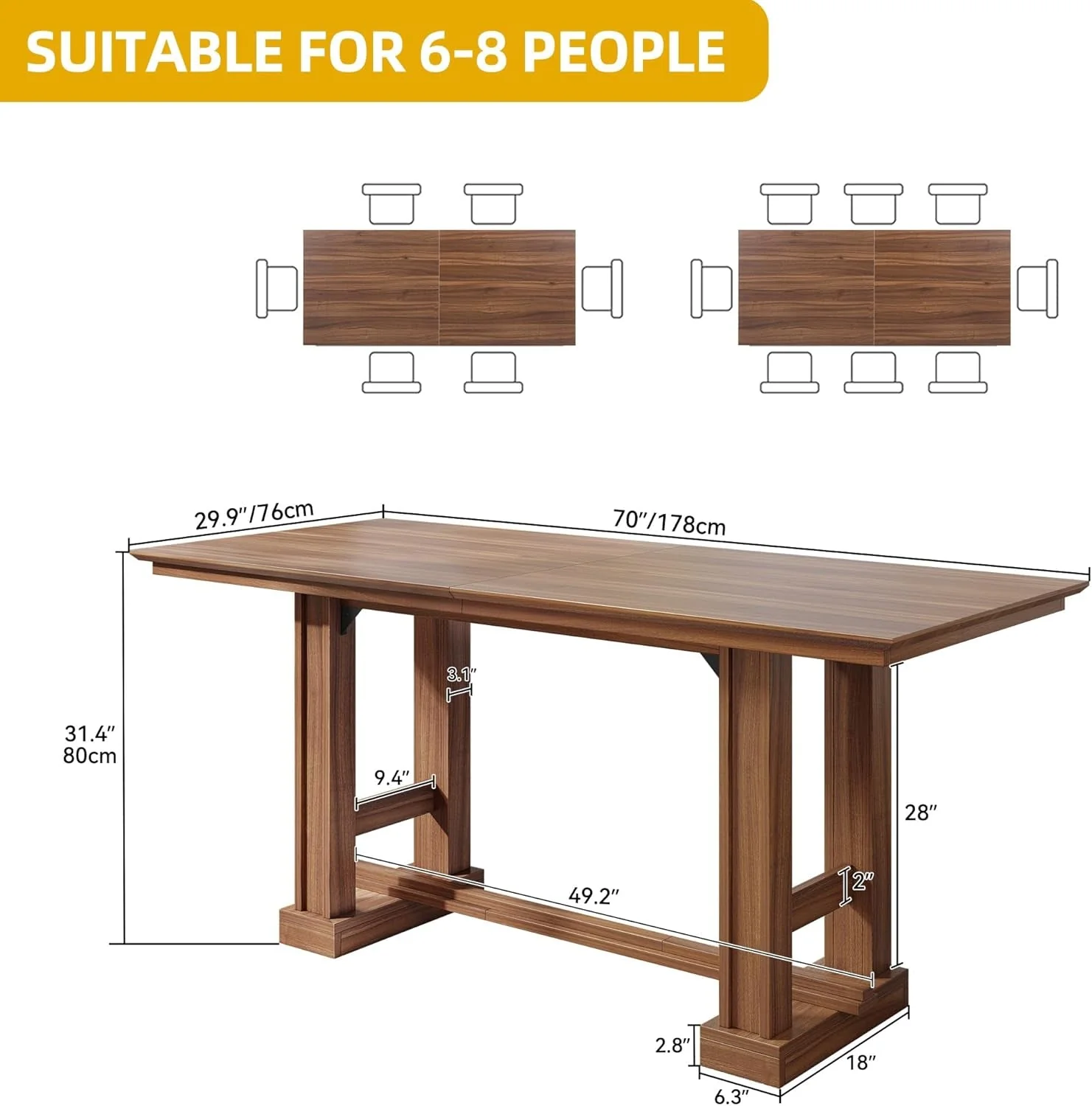 Eco-Friendly 70-Inch Rustic-Style Farmhouse Dining Table Dark Walnut Lightweight