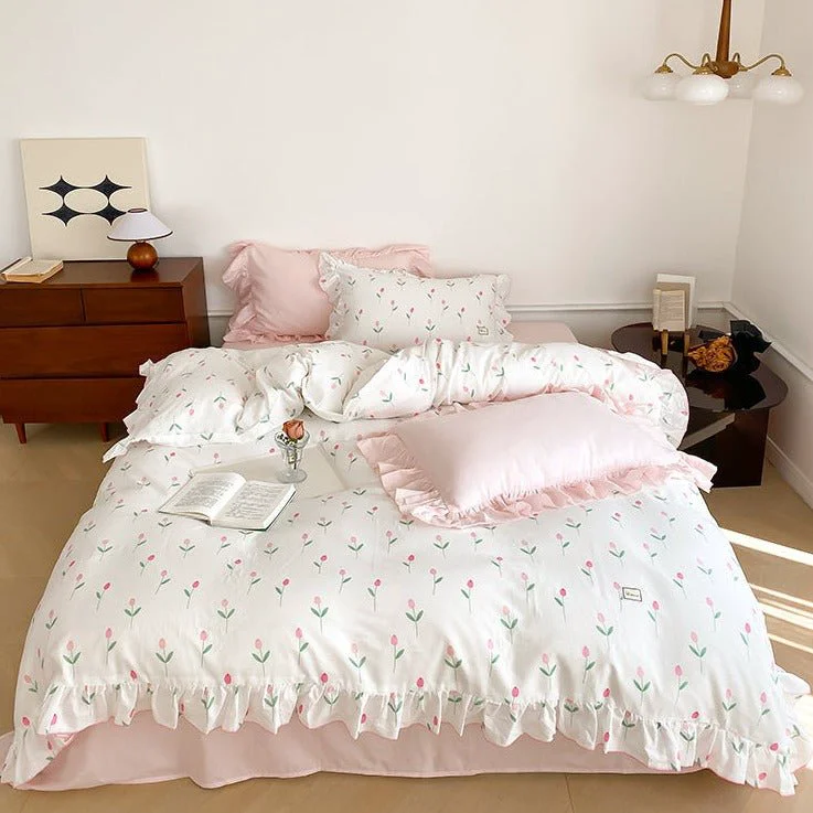 Advanced Powder Pink Tulip Bedding Set Green