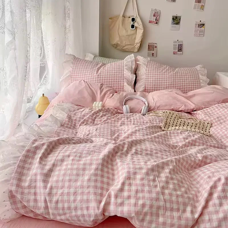 Specialty Gingham Lace Ruffle Bedding Set Convenient