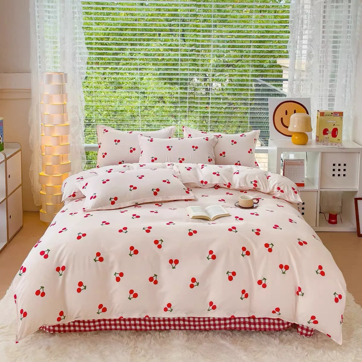 Effective Red Cherry Plaid Bedding Set Unique