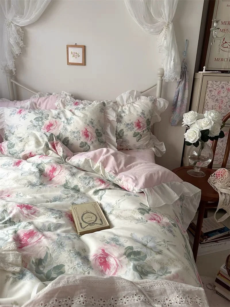 Green Pink Floral Ruffle Cotton Bedding Set Enhanced