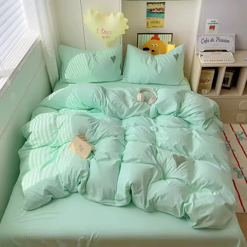 Casual Mint Green Heart Bedding Set Genuine