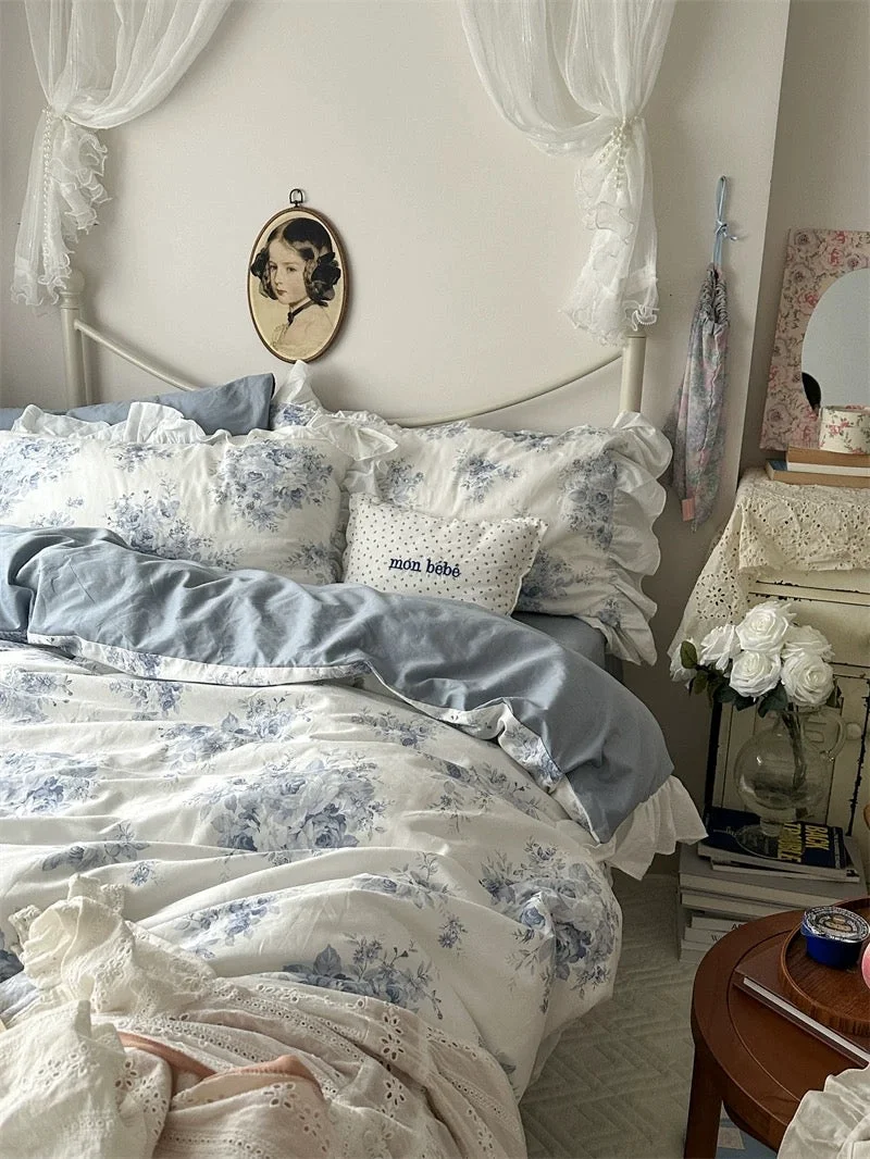 Smooth Blue Floral Ruffle Cotton Duvet Cover Set Modern
