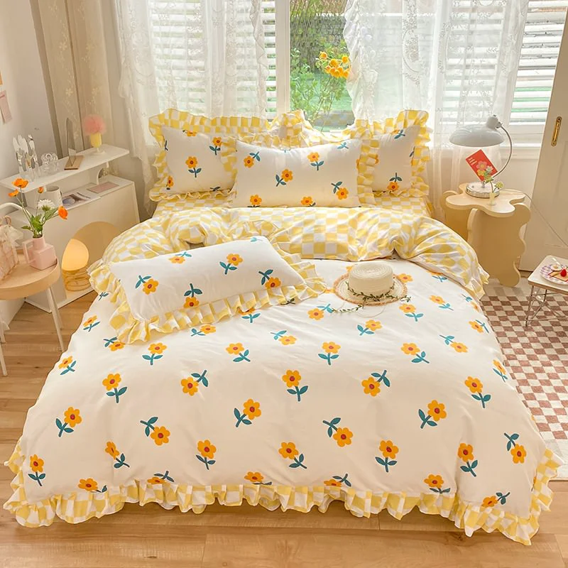 Comfortable Yellow Flowers Kawaii Checkered Bedding Set Authentic
