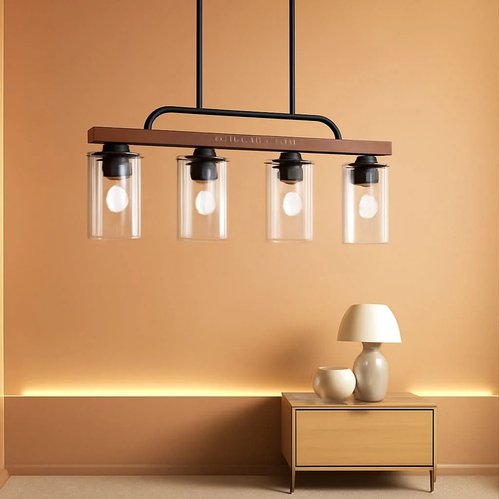 Solid Black Wood Farmhouse 4 Light Pendant Chandelier For Dining High-Quality