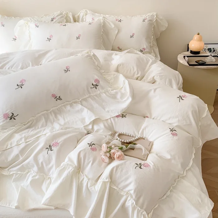 Fine Crafted Rose Embroidery Bedding Set Traditional