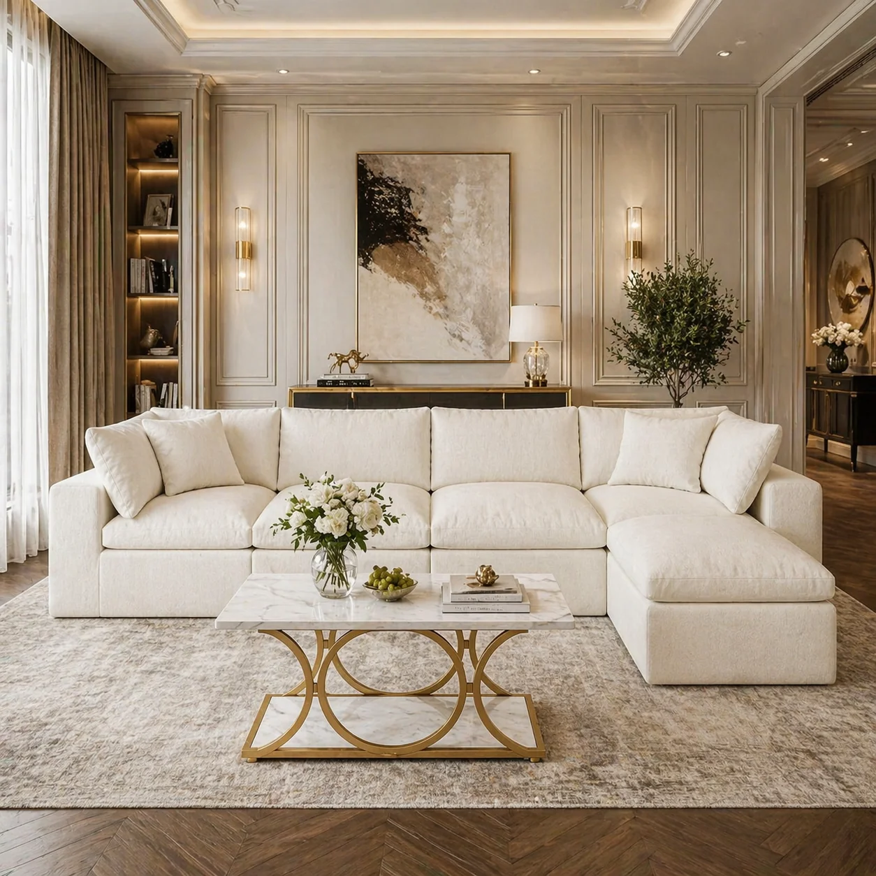 Stylish 130 L-Shaped Cloud Sectional Sofa with Faux Marble Coffee Table 2-Pie Environmentally Friendly