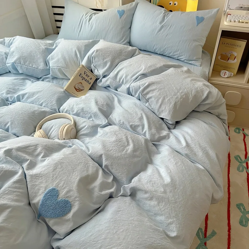First-Class Blue Washed Cotton Bedding Set With Blue Embroidered Heart Reusable