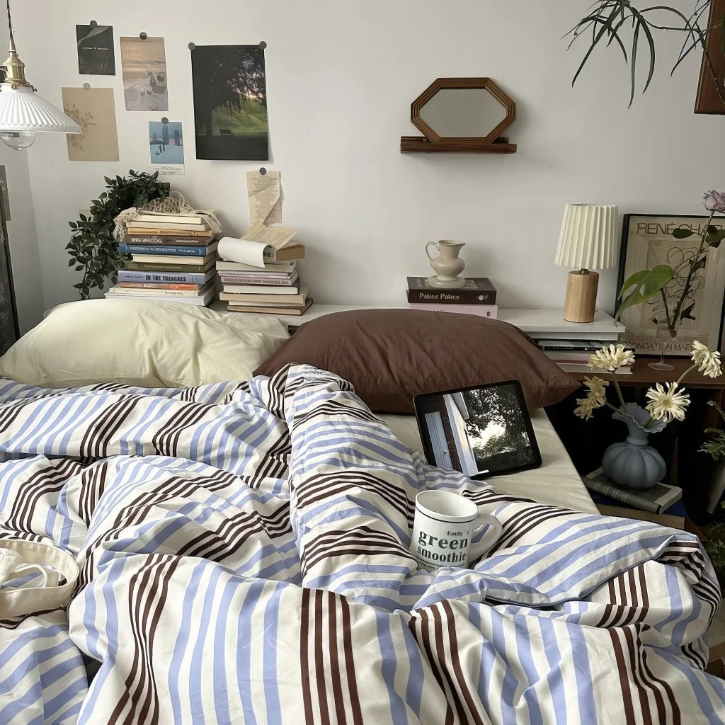 Convenient Blue Brown Vintage Striped Bedding Set Innovative