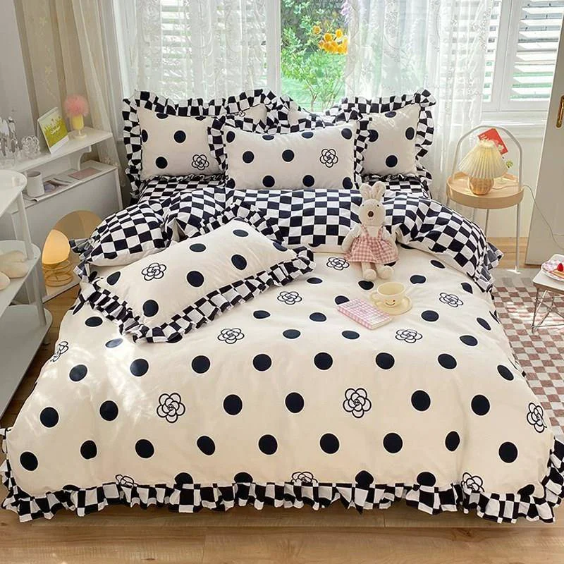 High-Performance Polka Dot Kawaii Checkered Ruffle Bedding Set Organic