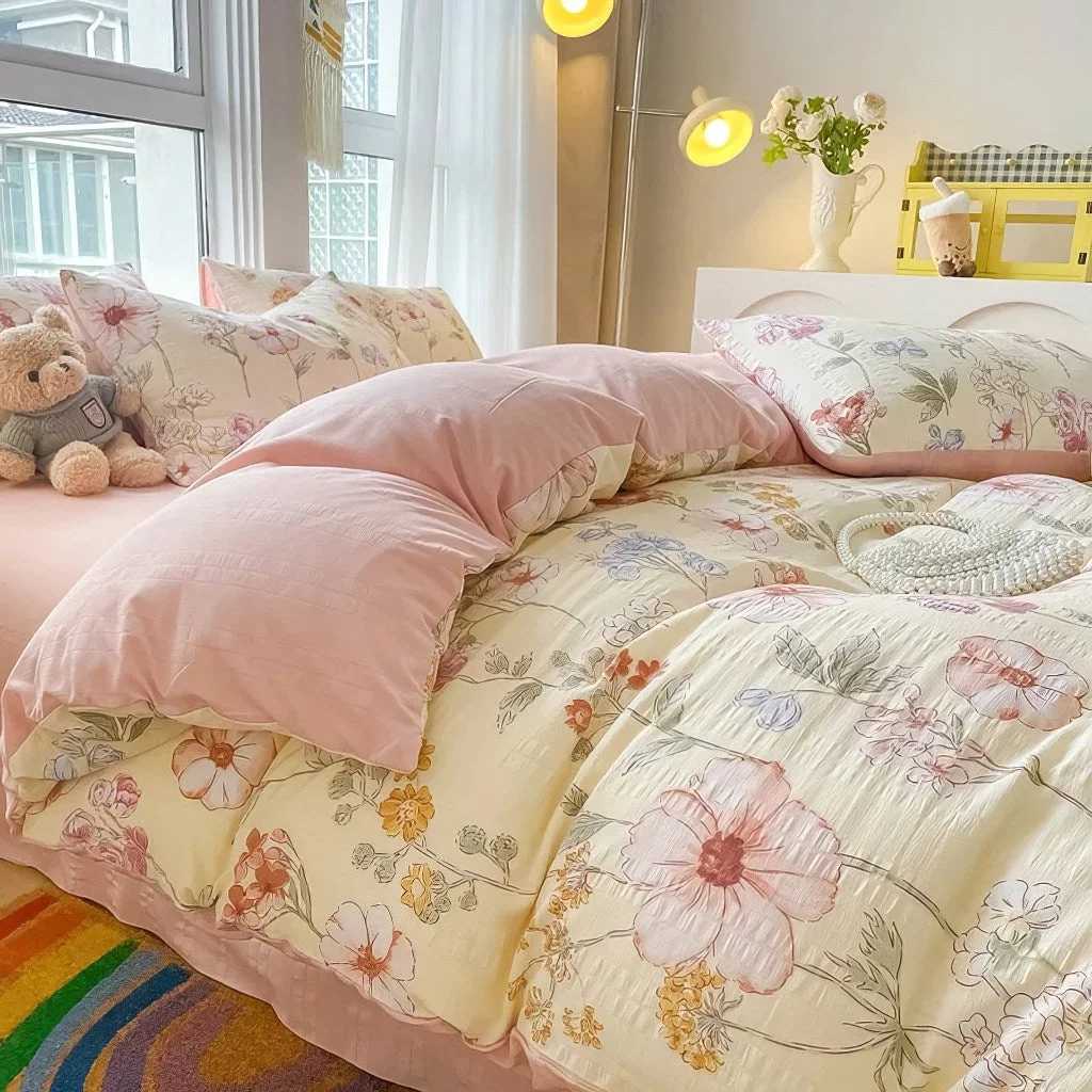 Professional Watercolor Flowers Print Textured Bedding Set Effective