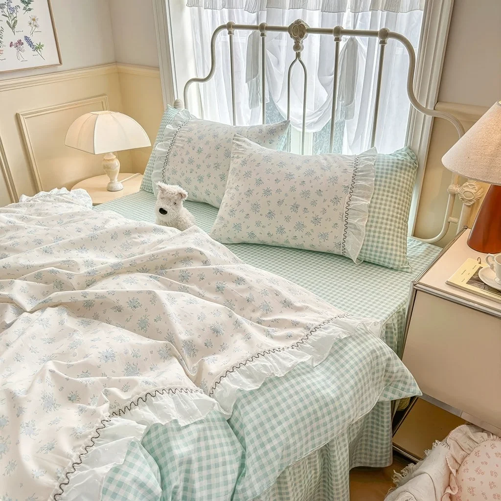 Optimized Kawaii Grandma Blue Plaid Bedding Duvet Cover Set Functional