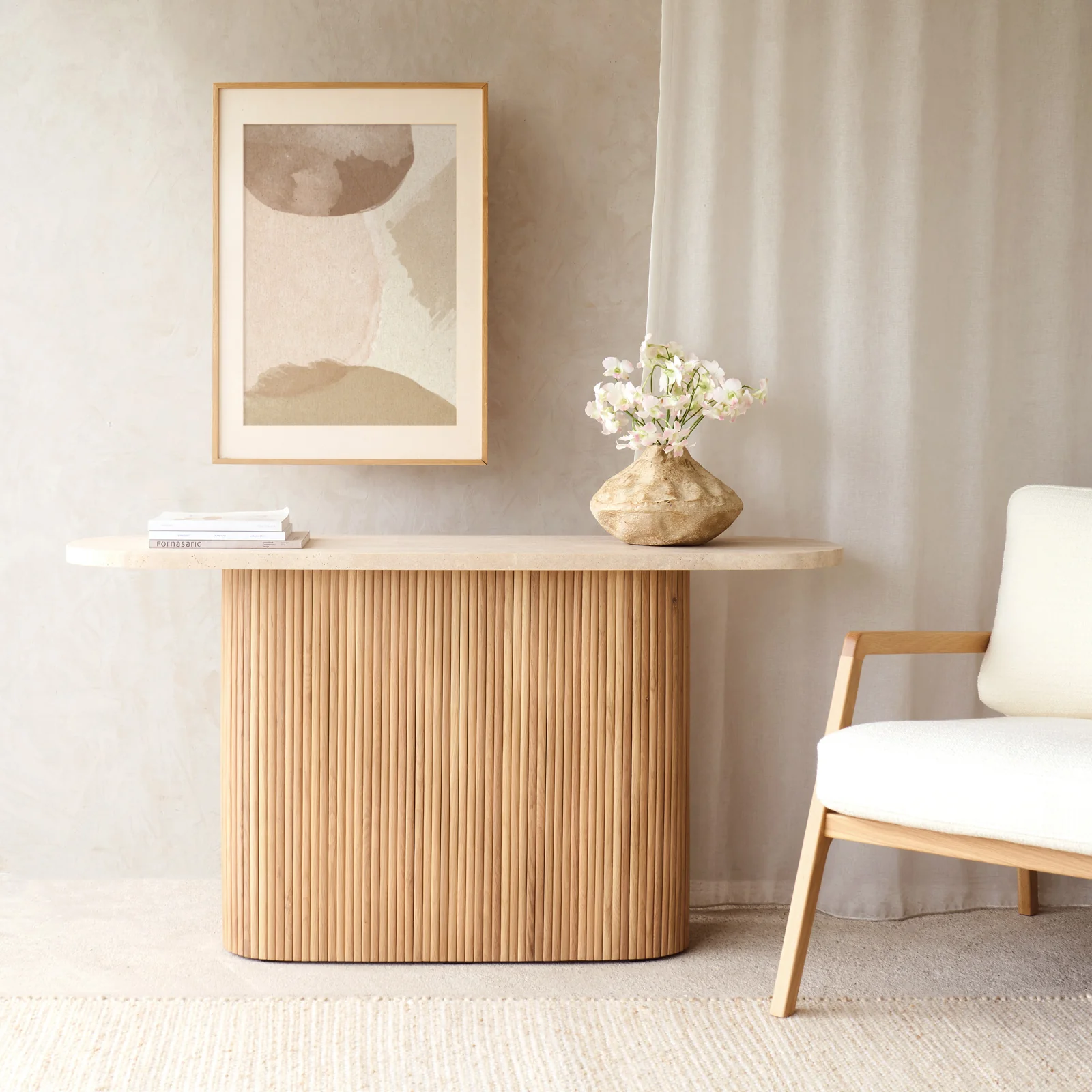 Outstanding Gion Console Travertine with Blonde Oak Base 140cm Genuine