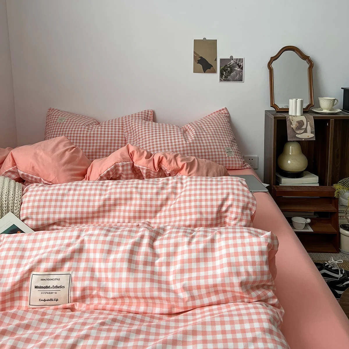 First-Class Peachy Pink Gingham Bedding Set Lightweight