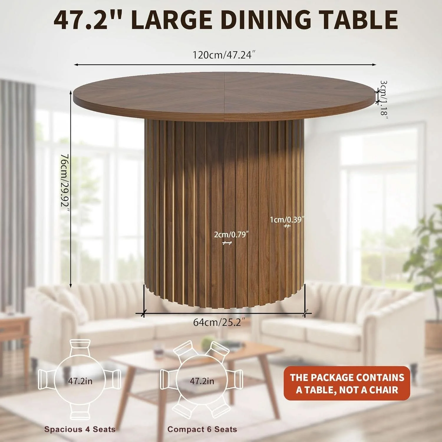 Traditional Round Walnut Dining Table 47 Inch With Wood Strip Base Premium