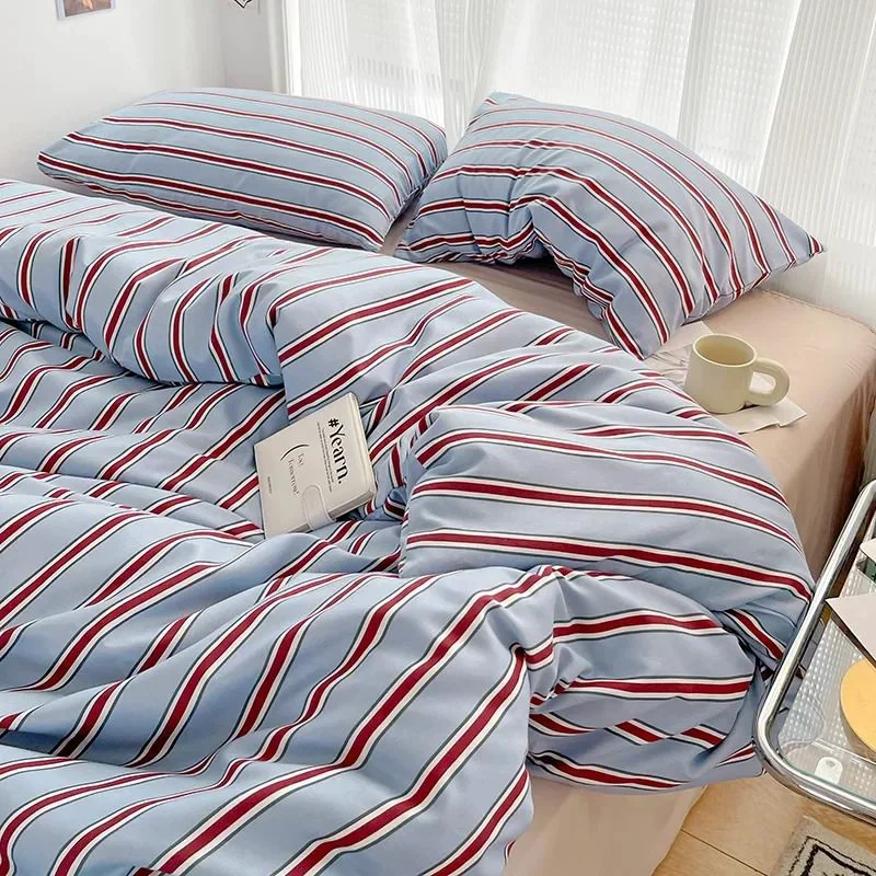 Dependable Minimalist Red Striped Light Blue Bedding Set Premium Material