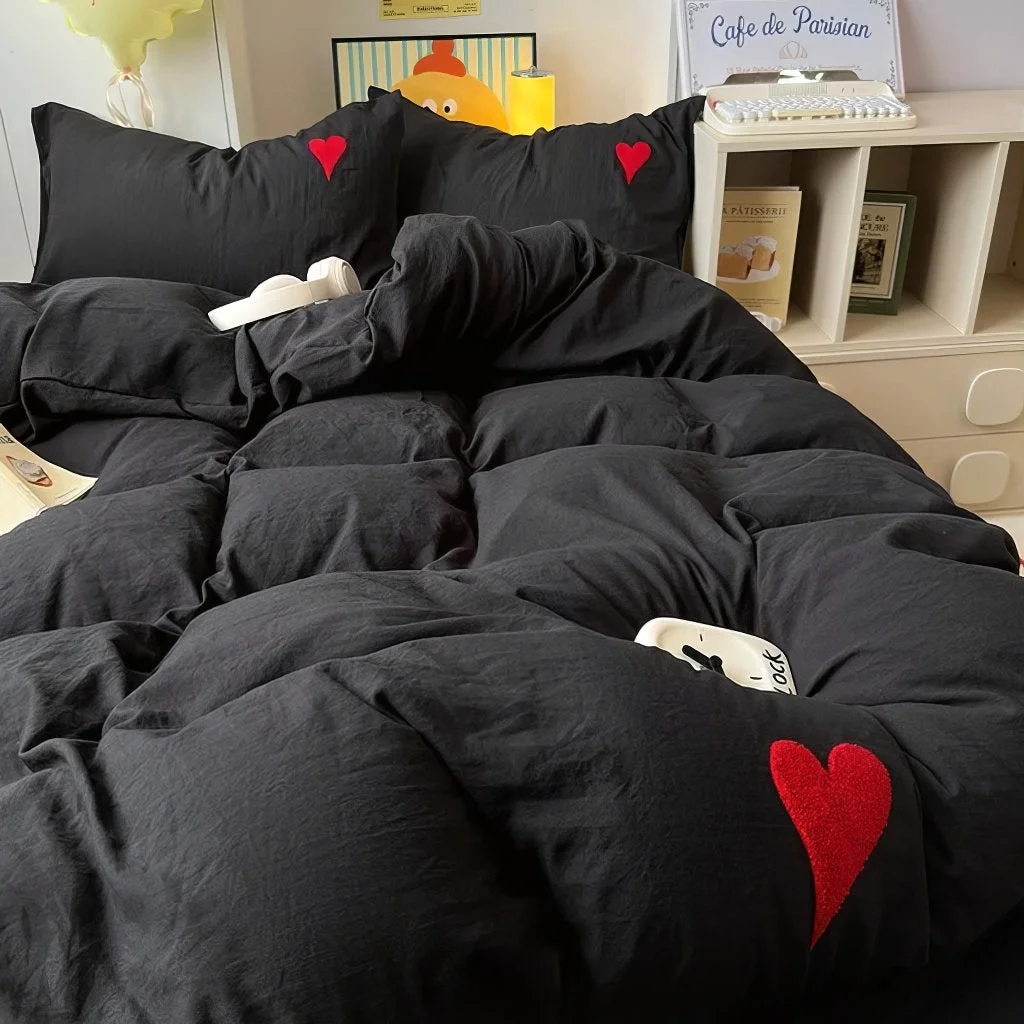 High-Performance Black Washed Cotton Bedding Set With Red Embroidered Heart Healthy