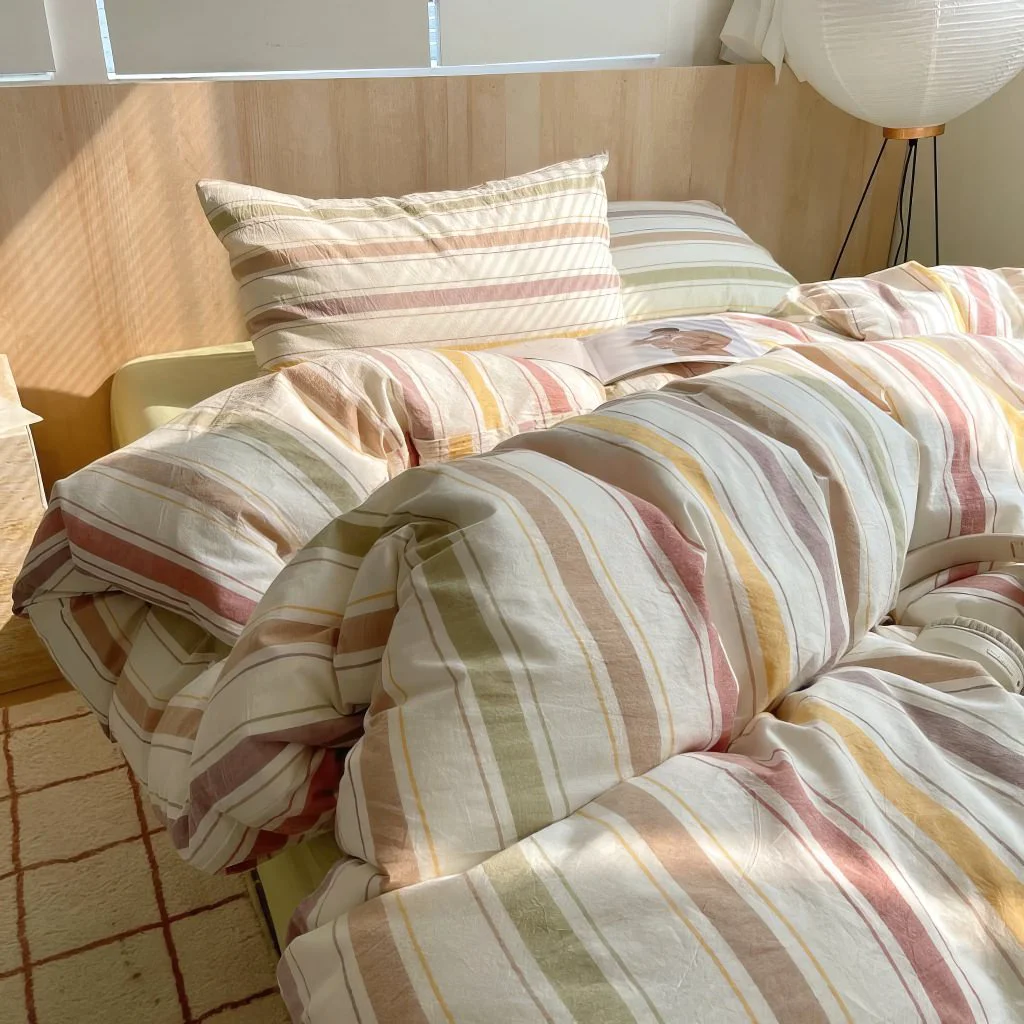 High-Grade Vintage Pastel Striped Cotton Bedding Set Comfortable