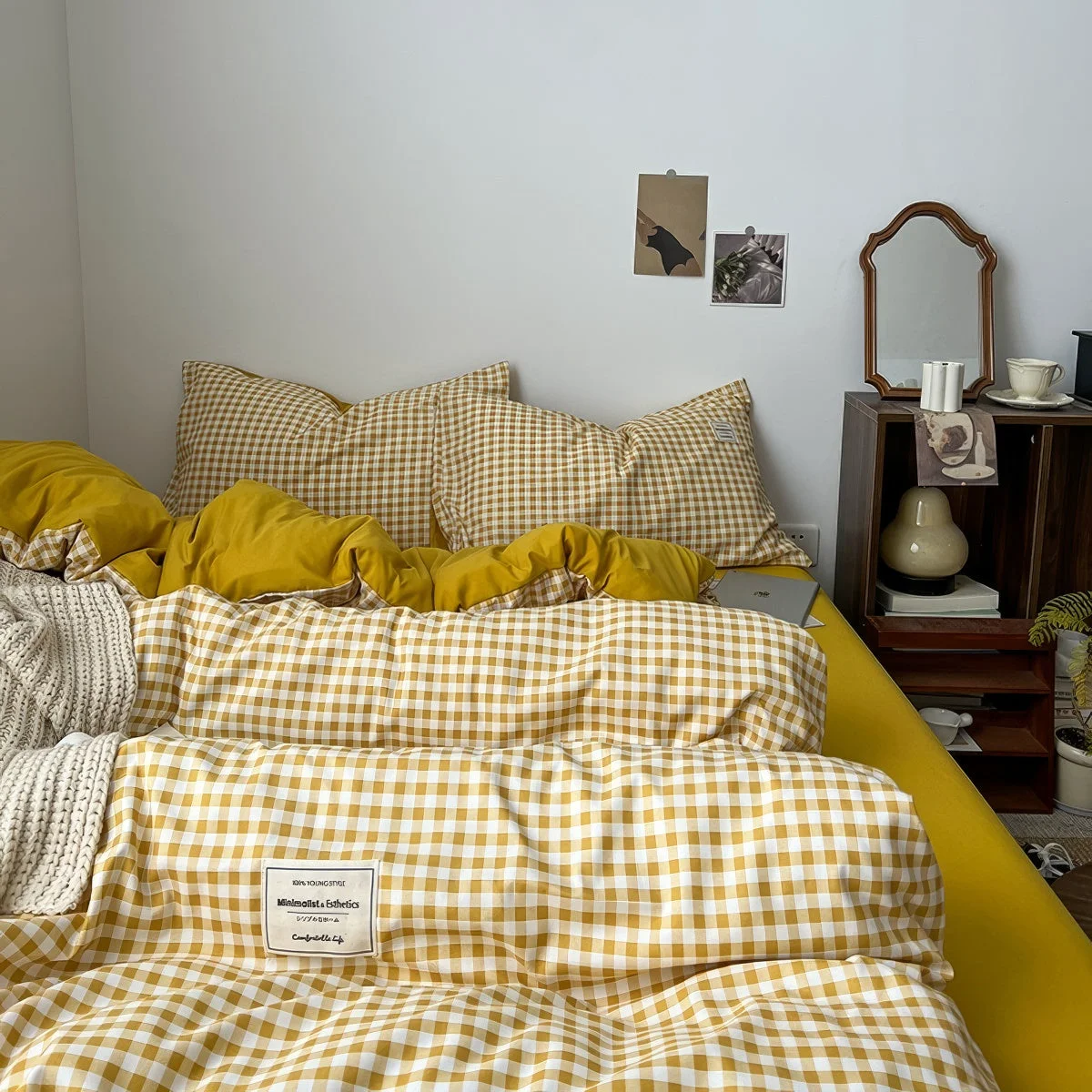 Unique Golden Yellow Gingham Bedding Set Premium