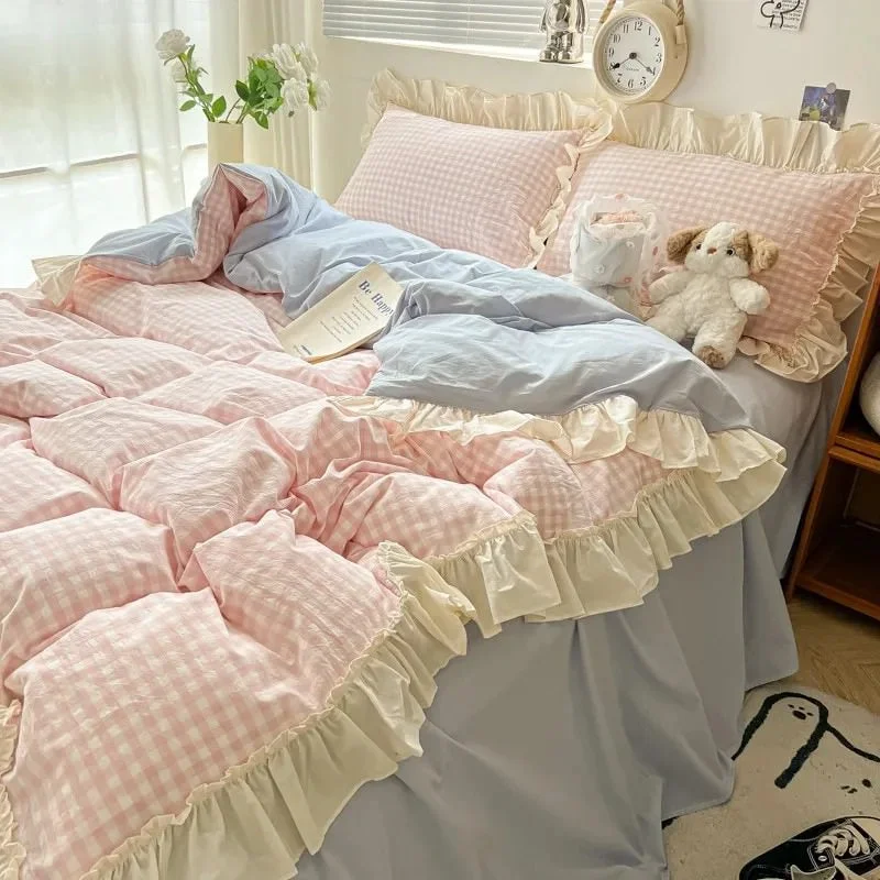 Convenient Kawaii Pastel Plaid Ruffle Bedding Set Advanced
