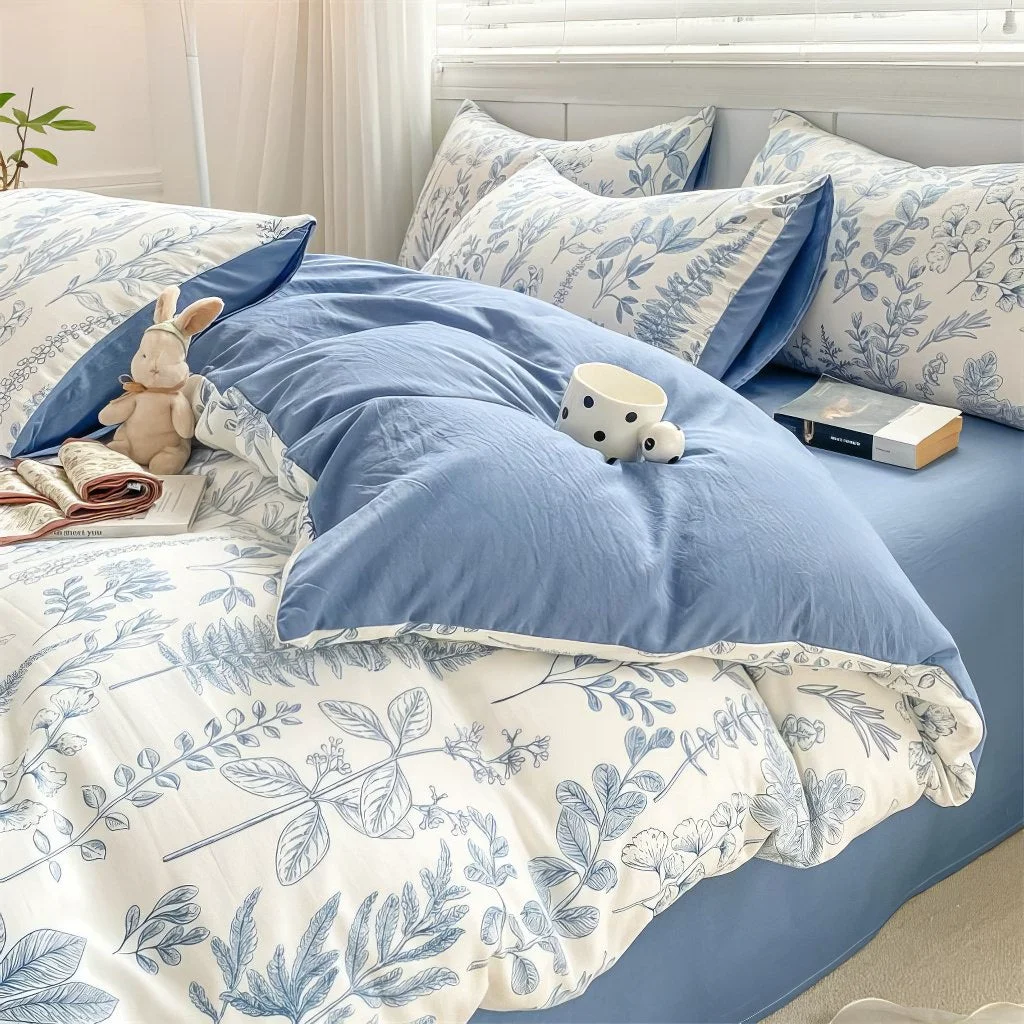 Solid Monochrome Blue Wildflowers Print Bedding Set Premium
