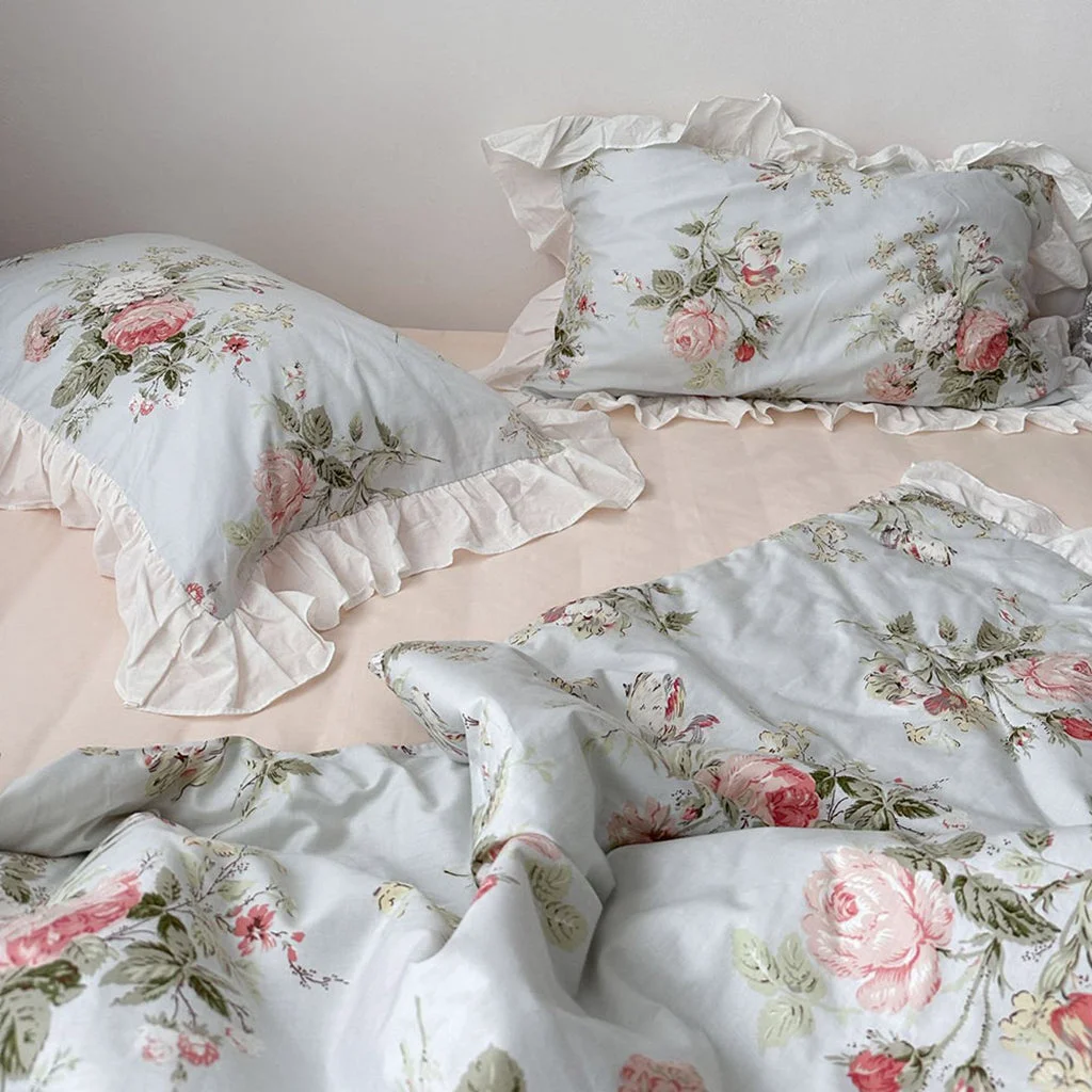 Optimized Vintage Sky Blue Cottage Roses Ruffle Summer Comforter Set Functional