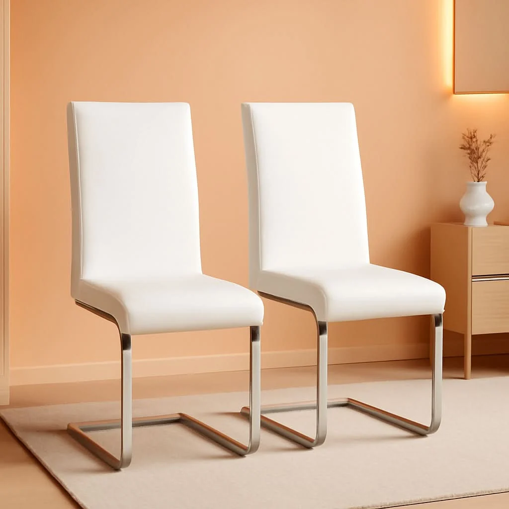 Versatile Set Of 2 High Back Faux Leather Dining Chairs White High-End